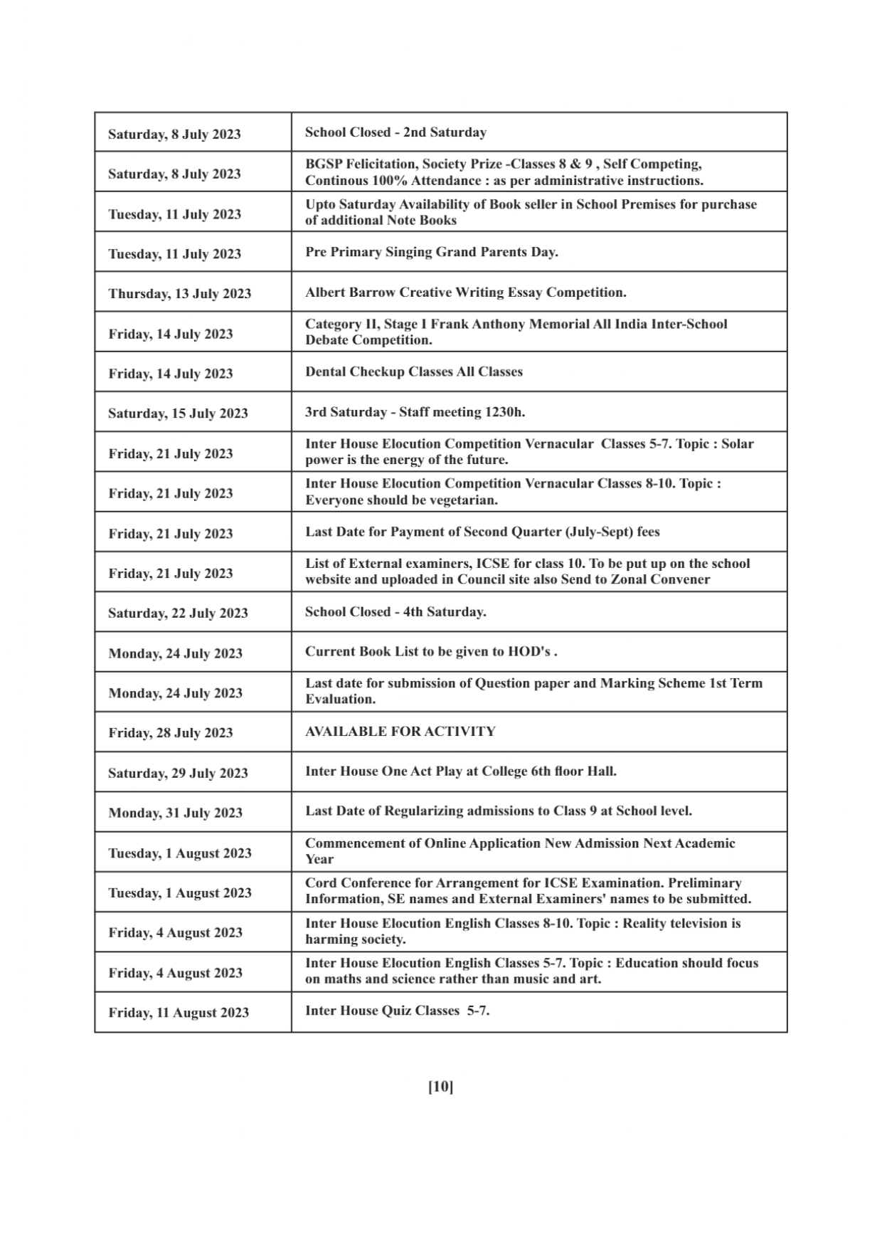 School Calendar The BGES School ICSE